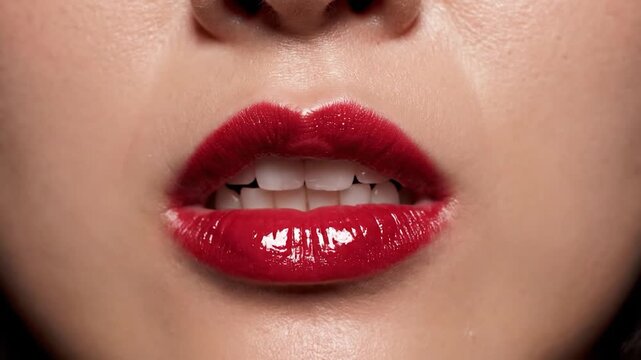 Close-up of a person's mouth with bright red lipstick and white teeth, showing a wide smile and expressive lips