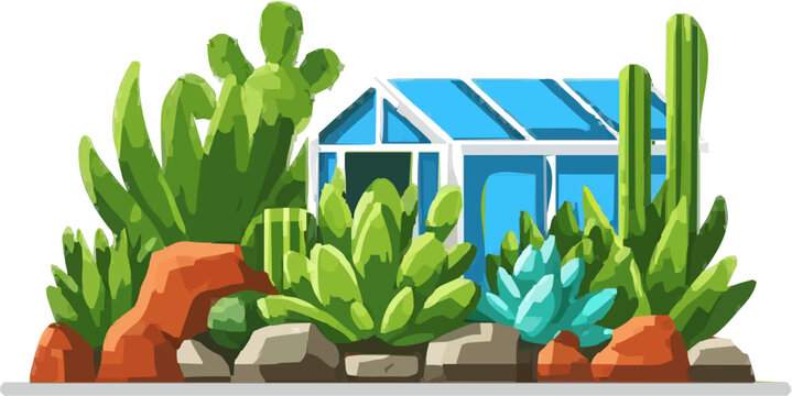 A lush botanical garden with various succulents, stone paths, and a small glass greenhouse, all depicted in vibrant flat colors against a white background