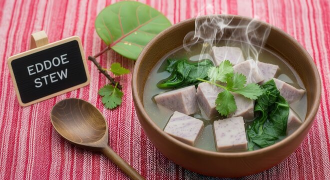 Traditional Caribbean Eddoe Stew with Spinach and Taro in Rustic Bowl on Madras Cloth