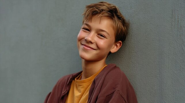 Portrait of a young boy, probably around 6-7 years old, with short blonde hair. he is standing in front of a gray wall and is smiling at the camera.