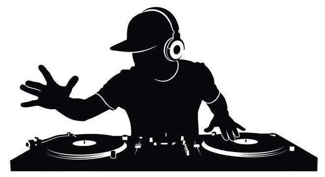 Dynamic silhouette of a disc jockey creating music beats with professional turntables.