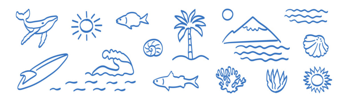 Doodle hand-drawn summer set with naive coastal motifs&mdash;sun, sea, waves, palm trees, fish, mountains, and corals. Retro tropical beach style for icons, collages, surf prints, and vignette vector art.