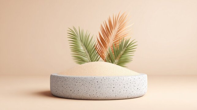 Minimalist display of sand and palm leaves in a concrete bowl on a neutral background