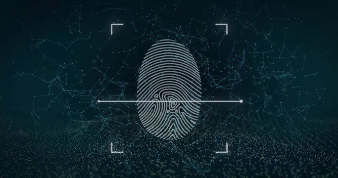 Scanning stylized fingerprint graphic glowing in cyber network with scan line and corner brackets