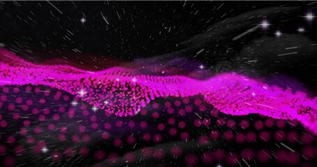 Sweeping magenta particle wave undulating across virtual cosmos, with dotted grid and stars © vectorfusionart
