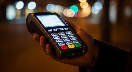 Obraz premium Hand Holding Payment Terminal with Keypad and Screen at Night