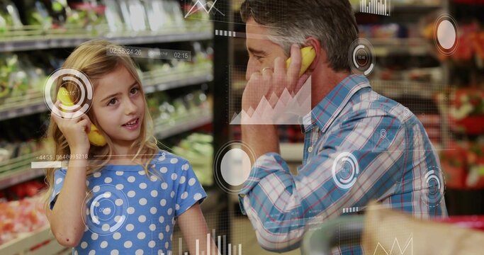Playing dad and daughter holding banana phones in produce aisle, wearing blue patterns, HUD