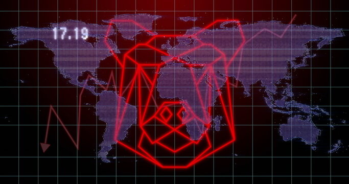Displaying neon-red emblem over world map on monitor with grid, glowing arcs, nodes, zigzag 17