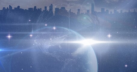 Glowing Earthlike planet dominating space cityscape showing skyline, lens flare, hand-heart, stars © vectorfusionart