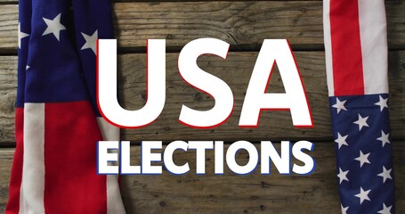 Featuring centered typographic headline USA ELECTIONS on wooden planks, showing flag fabrics