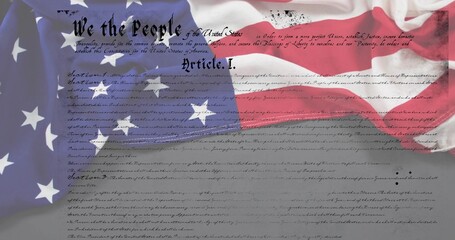 Naklejka premium Displaying draped American flag over Constitution parchment, showing We People heading, Article I