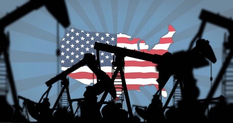 Displaying oil pump jack silhouettes pumping across stylized U © vectorfusionart