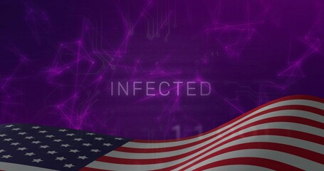 Naklejka premium Waving American flag dominating lower frame, displaying INFECTED over purple network nodes