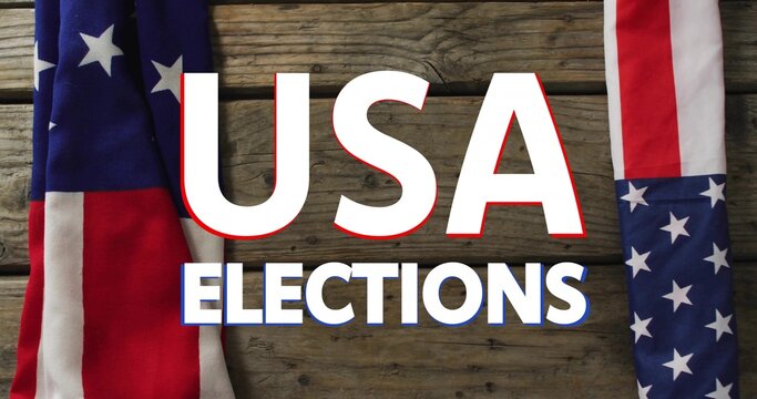 Featuring centered typographic headline USA ELECTIONS on wooden planks, showing flag fabrics