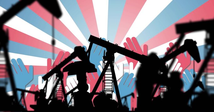 Showing silhouetted oil pumpjacks and red white blue hands against sunburst poster