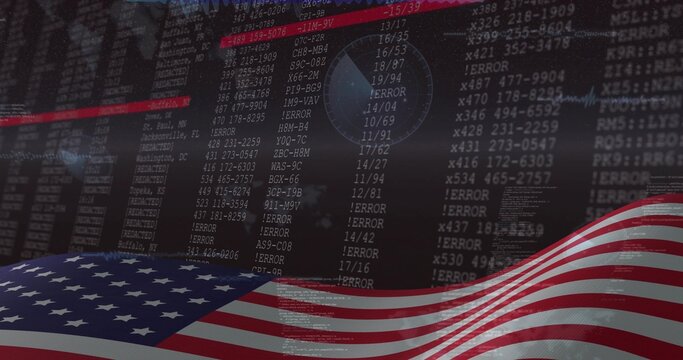 Waving United States flag reflecting glossy fabric over dark data display, with ERROR code columns