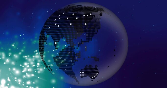 Rotating digital globe showing pixel continents against deep starfield, with teal burst and nodes