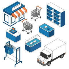 Fototapeta premium Isometric retail elements including a store carts and delivery truck