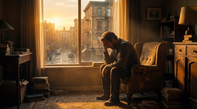 A man sits alone in a dimly lit room, head in hands, bathed in warm sunlight from a window overlooking an urban street.