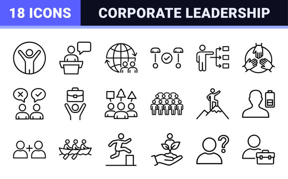Human Resources and Corporate Leadership Minimalist Monoline Icons for Management, Teamwork, and Organizational Structure Visualization