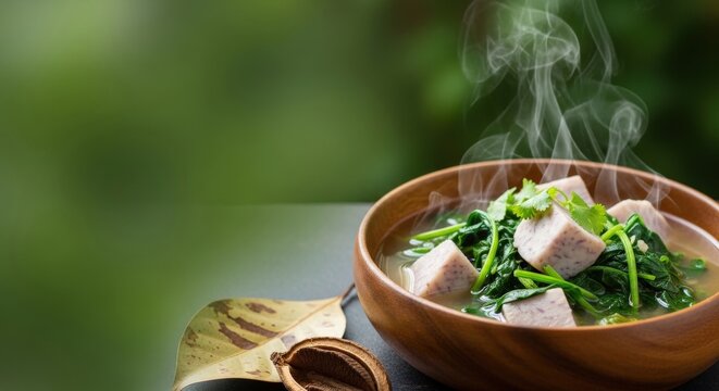 Traditional Caribbean Eddoe Stew with Spinach and Taro on Fresh Green Copy Space