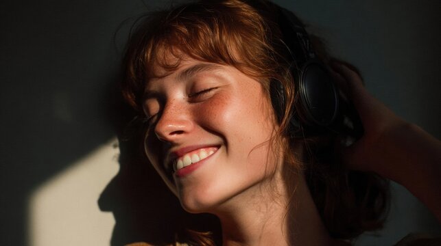 Close-up portrait of a young woman with red hair and freckles. she is wearing a pair of black headphones and has her eyes closed, as if she is enjoying the music she is listening to.