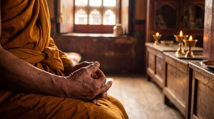 Fototapeta premium A person in saffron robes meditates peacefully indoors near lit candles, with soft natural light coming through a window.