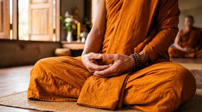 A monk dressed in orange robes meditates indoors, sitting cross-legged on a woven mat with hands resting in a meditative gesture.