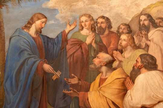 MONZA, ITALY - MARCH 19, 2026: The neo baroque fresco Jesus consigning the keys to Peter in the church Chiesa San Gerardo al Corpo by Gaetano Barabini (1857)