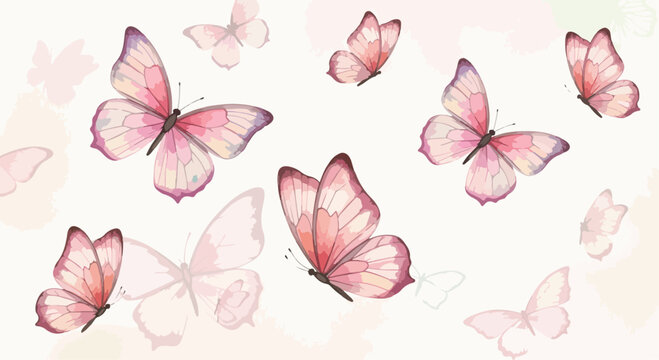 Watercolor butterfly vector illustration, pink pastel butterflies on white background. Delicate flying insect pattern for wedding invites, spring design