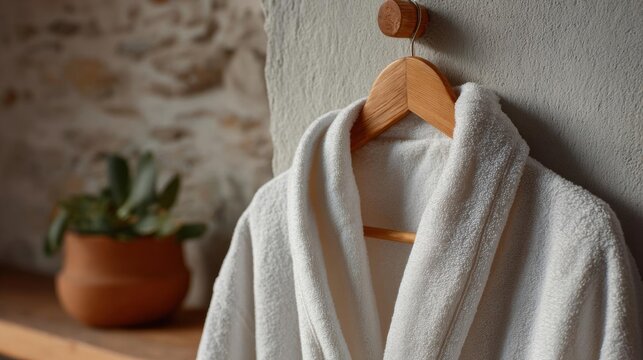 White robe hanging on a wooden hanger against a white wall. the robe is neatly folded and appears to be made of a soft, fluffy fabric. the hanger is attached to the wall with a wooden hook.