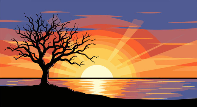 Pixelated sunset over water with a bare tree silhouette