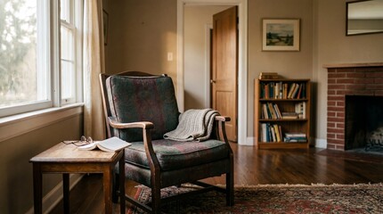 Fototapeta premium Cozy living room with a vintage armchair, wooden side table, bookshelf, and a fireplace, bathed in natural light from large windows.