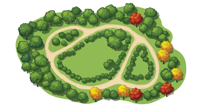 Cartoon garden park map vector, top view green landscape with looping paths and bushes, colorful trees layout for game UI, town plan design
