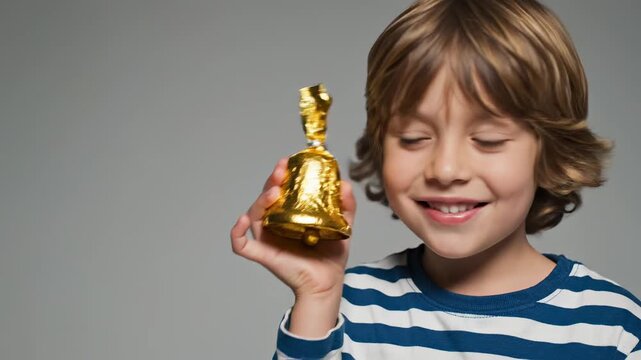 Curious young boy holding a golden foil-wrapped chocolate bell to his ear, looking surprised for a sound and discovery concept or festive holiday treat
