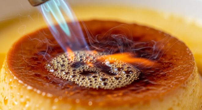 Macro shot of a creme brulee crust being torched