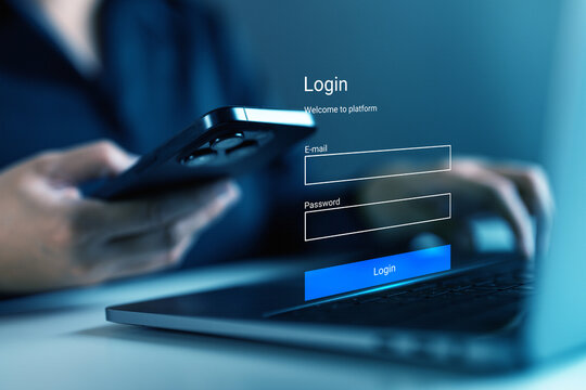 Businesswoman using smartphone with secure login interface on laptop, entering email and password, cybersecurity, user authentication, data protection and secure access to digital platform technology.