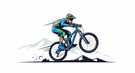 Fototapeta premium Downhill mountain biker jumps over terrain with mountains in background