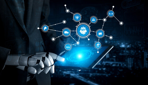 A futuristic scene featuring a robot hand using a tablet to interact with a floating holographic interface, symbolizing advanced technology, urban life, and innovation. Tessel