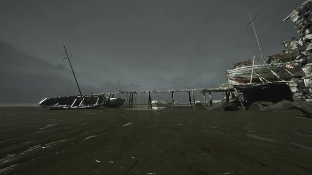 Derelict ship resting on muddy shore, low tide exposing barnacled hull and collapsed pier, foggy dusk mood, maritime archaeologist inspecting decay for salvage