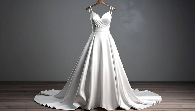 Elegant white wedding gown with a sweetheart neckline on a wooden hanger, studio shot