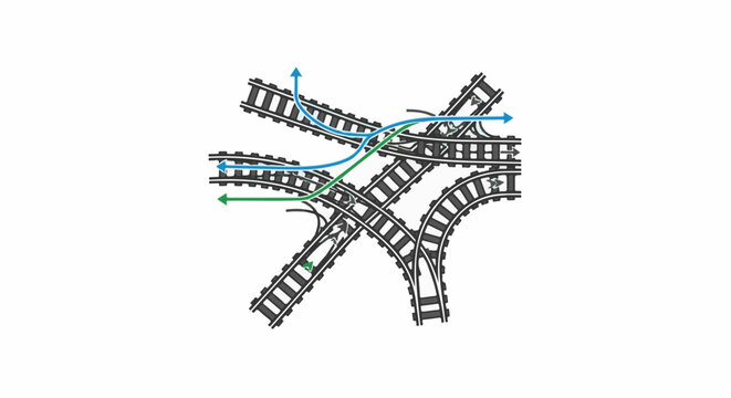 Complex railway junction with directional arrows indicating train routes