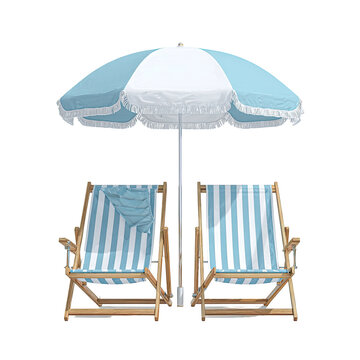 Two striped beach chairs sit under a light blue and white striped umbrella on a black background