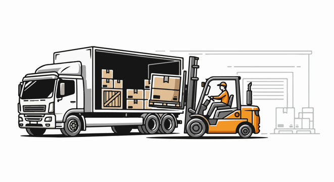 Forklift loads boxes onto truck at warehouse