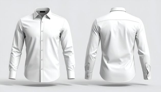 Front and back views of a classic white button-down shirt floating against a grey backdrop