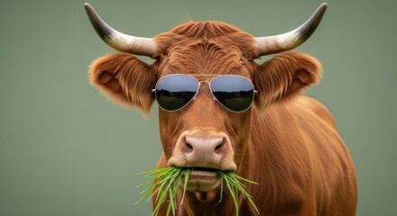 A stylish bovine donning sunglasses and chewing grass with a playful vibe