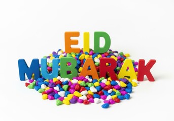 Colorful celebration with eid mubarak letters amidst festive confetti