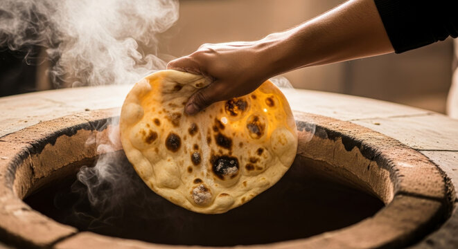 Freshly made naan bread being slapped onto a tandoor oven wall