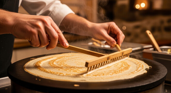 Traditional Breton crepe being made on a billig griddle