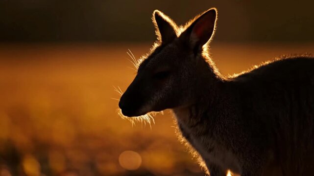 Close-up of wallaby with warm lighting and soft fur detail. Wildlife concept highlighting gentle expression and natural environment.